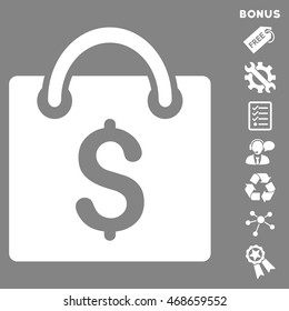 Shopping Bag icon with bonus pictograms. Vector illustration style is flat iconic symbols, white color, gray background, rounded angles.