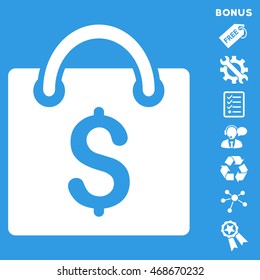 Shopping Bag icon with bonus pictograms. Vector illustration style is flat iconic symbols, white color, blue background, rounded angles.