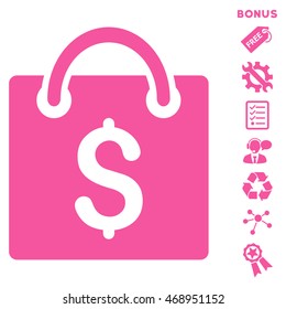 Shopping Bag icon with bonus pictograms. Vector illustration style is flat iconic symbols, pink color, white background, rounded angles.