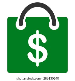 Shopping bag icon from Business Bicolor Set. This flat vector symbol uses green and gray colors, rounded angles, and isolated on a white background.