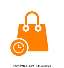Shopping bag icon, business icon with clock sign. Shopping bag icon and countdown, deadline, schedule, planning symbol. Vector illustration