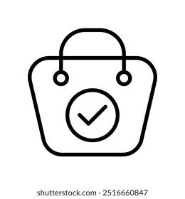 Icono del bolso de compras con la marca de verificación, símbolo completado de la orden. Vector de línea aislado en el fondo blanco. Diseño moderno y de moda