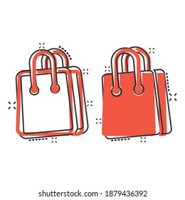 Shopping bag icon in comic style. Handbag cartoon sign vector illustration on white isolated background. Package splash effect business concept.