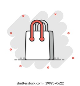 Shopping bag icon in comic style. Handbag cartoon sign vector illustration on white isolated background. Package splash effect business concept.