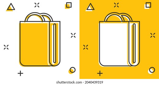 Shopping bag icon in comic style. Handbag cartoon sign vector illustration on white isolated background. Package splash effect business concept.