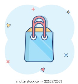 Shopping bag icon in comic style. Handbag cartoon sign vector illustration on white isolated background. Package splash effect business concept.