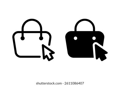 shopping bag icon with a cursor pointing. Represents online shopping, ecommerce, and digital purchasing. Clean line art design suitable for web and print use