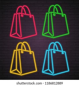 Shopping Bag Icon Different Color Neon Light Glowing Vector Illustration