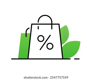 Ícone de saco de compras com descontos, sinal de porcentagem, arte de linha preta com acento verde