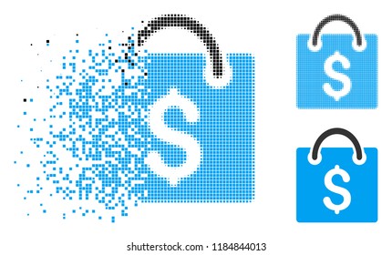 Shopping bag icon in dissolved, pixelated halftone and original variants. Particles are composed into vector disappearing shopping bag icon. Disappearing effect uses rectangle particles.