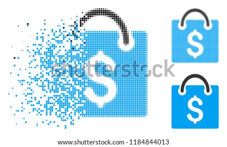 Shopping bag icon in dissolved, pixelated halftone and original variants. Particles are composed into vector disappearing shopping bag icon. Disappearing effect uses rectangle particles.