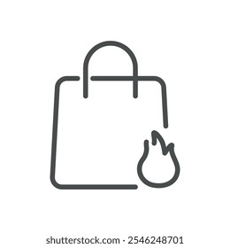 Shopping Bag Icon with Fire Symbol, Hot Deal or Trending Item Indicator, Minimalist Line Design for Retail and E-commerce Vector Illustration