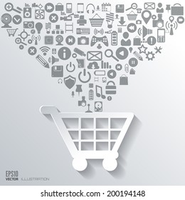 Shopping bag icon. Flat abstract background with web icons. Interface symbols. Cloud computing. Mobile devices.Business concept.