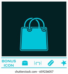 Shopping bag icon flat. Blue pictogram on dark background. Vector illustration symbol and bonus icons