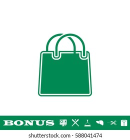 Shopping bag icon flat. Green pictogram on white background. Vector illustration symbol and bonus button