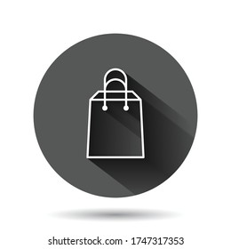 Shopping bag icon in flat style. Handbag sign vector illustration on black round background with long shadow effect. Package circle button business concept.