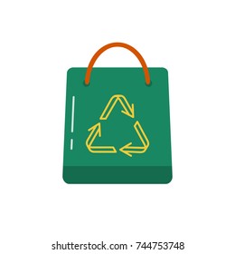 Shopping bag icon in flat style. Green package with recycling symbol arrows isolated on white background.