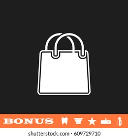 Shopping bag icon flat. White pictogram on black background. Vector illustration symbol and bonus button tooth, vase, star, mirror, bottle