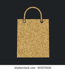 Shopping bag icon with glitter effect, isolated on black background. Outline icon of paper bag, vector pictogram. Symbol from golden particles dust.