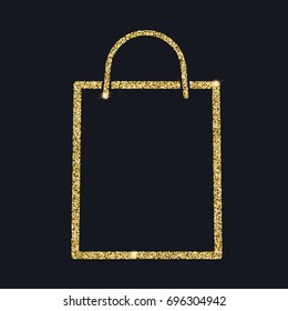 Shopping bag icon with glitter effect, isolated on black background. Outline icon of paper bag, vector pictogram. Symbol from golden particles dust.