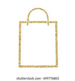 Shopping bag icon with glitter effect, isolated on white background. Outline icon of paper bag, vector pictogram. Symbol from golden particles dust.