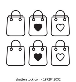 Shopping-Tasche-Symbol, Shopping-Tasche mit Herz-Vektorsymbol