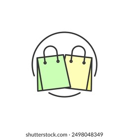 Shopping bag icon. Illustration of two shopping bag in soft green and soft yellow color in circle. Symbol of place to shop or store arcade or market where you can buy things for your daily needs.