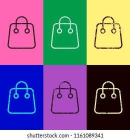 Shopping bag icon. Linear, thin outline. Pop art style. Scratched icons on 6 colour backgrounds. Seamless pattern