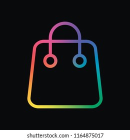 Shopping bag icon. Linear, thin outline. Rainbow color and dark background