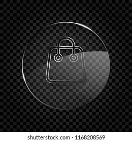 Shopping bag icon. Linear, thin outline. Icon in circle glass bubble on dark transparent grid. Glass style