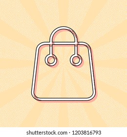 Shopping bag icon. Linear, thin outline. Vintage retro typography with offset printing effect. Dots poster with comics pop art background