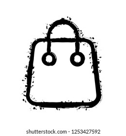 Shopping bag icon. Linear, thin outline. Black ink with splashes on white background