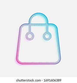 Icono de bolsa de compra. Esquema lineal y delgado. Logo coloreado con líneas diagonales y degradado azul-rojo. Gráfico neón, efecto ligero