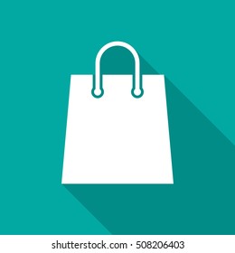 Shopping bag icon with long shadow. Flat design style. Paper bag silhouette. Simple green icon. Modern flat icon in stylish colors. Web site page and mobile app design vector element.