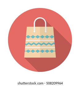 Shopping bag icon with long shadow. Flat design style. Round icon. Paper bag silhouette. Simple circle icon. Modern flat icon in stylish colors. Web site page and mobile app design vector element.