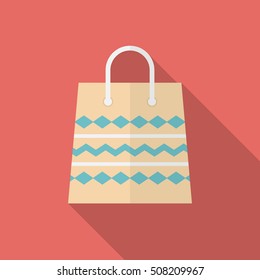 Shopping bag icon with long shadow. Flat design style. Paper bag silhouette. Simple icon. Modern flat icon in stylish colors. Web site page and mobile app design vector element.