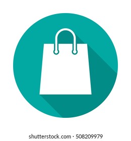 Shopping bag icon with long shadow. Flat design style. Round icon. Paper bag silhouette. Simple circle icon. Modern flat icon in stylish colors. Web site page and mobile app design vector element.