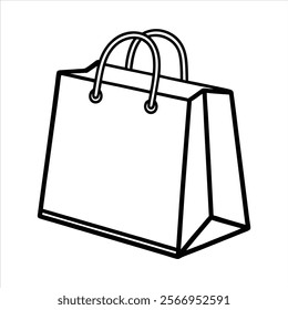 shopping bag icon, minimalist design, black and white, line art, simple drawing, retail symbol, geometric shape, paper bag silhouette, handles, vector graphic style, clean lines, bold outline, commerc