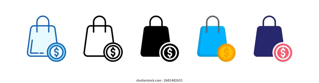 Ícone de saco de compras Coleção de conjuntos de estilos múltiplos.