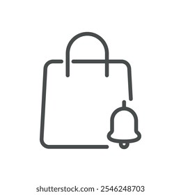 Shopping Bag Icon with Notification Bell, Alert or Reminder Symbol, Minimal Line Art for Retail and E-commerce Vector Illustration