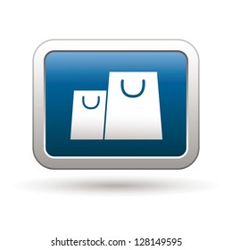 Shopping bag icon on the blue with silver rectangular button. Vector illustration