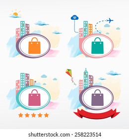 Shopping bag icon on city background. Cityscape color illustration set.  