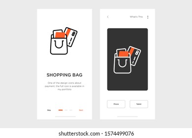 shopping bag icon on a dark and light background. accompanied by layout design for the mobile app. made for payment icon
