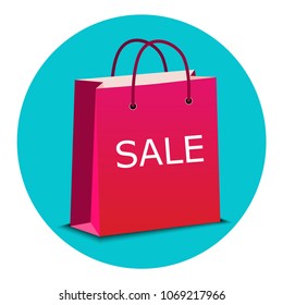 Shopping bag icon. Paper shopping bag. Pink Shopping bag with sale text.