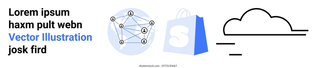 Shopping bag icon represents e-commerce, network diagram signifies networking connections, and cloud icon indicates cloud computing. Ideal for tech websites, e-commerce platforms, business