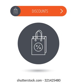 Shopping bag icon. Sale and discounts sign. Supermarket handbag symbol. Gray flat circle button. Orange button with arrow. Vector