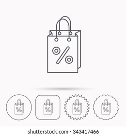 Shopping bag icon. Sale and discounts sign. Supermarket handbag symbol. Linear circle, square and star buttons with icons.