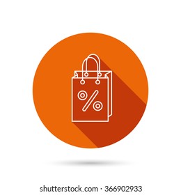 Shopping bag icon. Sale and discounts sign. Supermarket handbag symbol. Round orange web button with shadow.