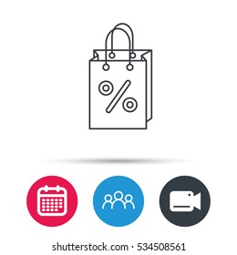 Shopping bag icon. Sale and discounts sign. Supermarket handbag symbol. Group of people, video cam and calendar icons. Vector