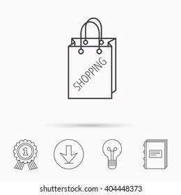 Shopping bag icon. Sale handbag sign. Download arrow, lamp, learn book and award medal icons.